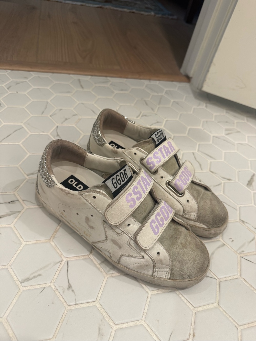 Golden Goose White Sneakers with Silver Glitter heel & Lilac Logo